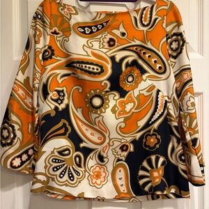 J. Crew Orange and Navy Paisley Women's Silk Boatneck Top